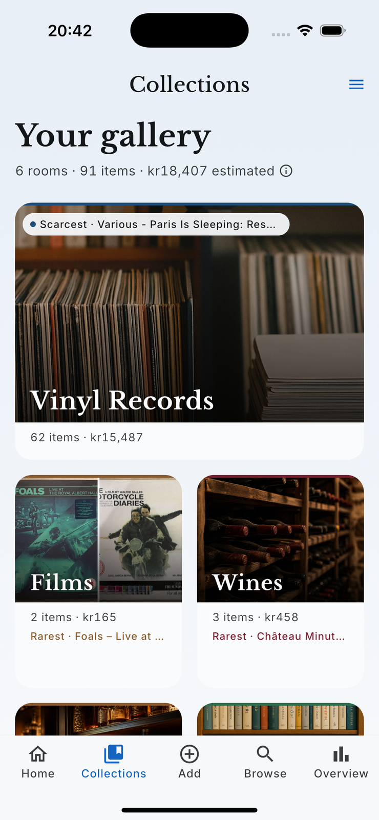 The samla.ai Collections screen showing rooms for Vinyl Records, Films and Wines with item counts and estimated values