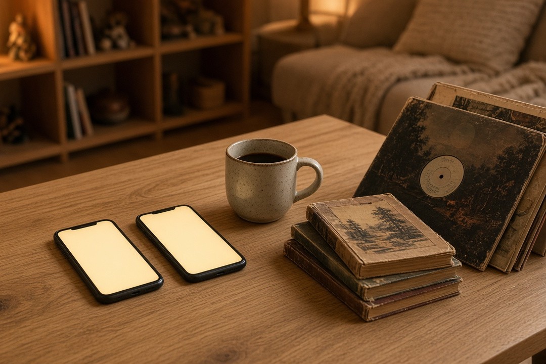 Two smartphones side by side on a wooden coffee table next to a coffee mug, a stack of old books and vinyl records, with shelves of collectibles in a warm, lamp-lit living room behind