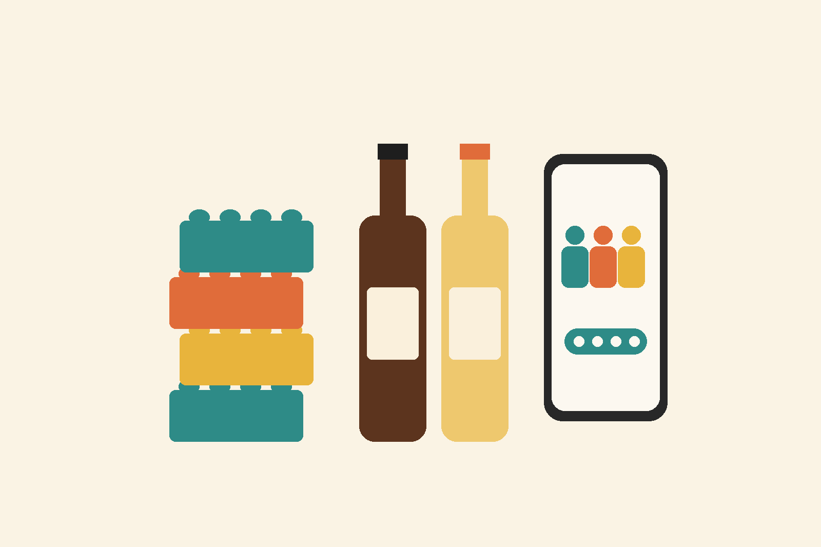 Flat illustration of stacked toy bricks, a beer bottle, a cider bottle and a phone showing a family invite code