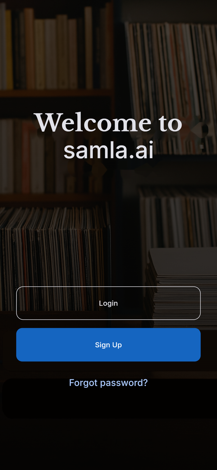 The samla.ai welcome screen over a photograph of shelves of records and books