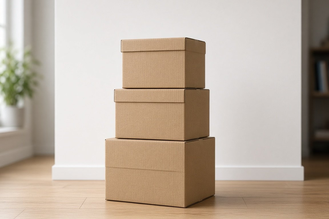 Three plain brown cardboard moving boxes stacked on a wooden floor against a white wall