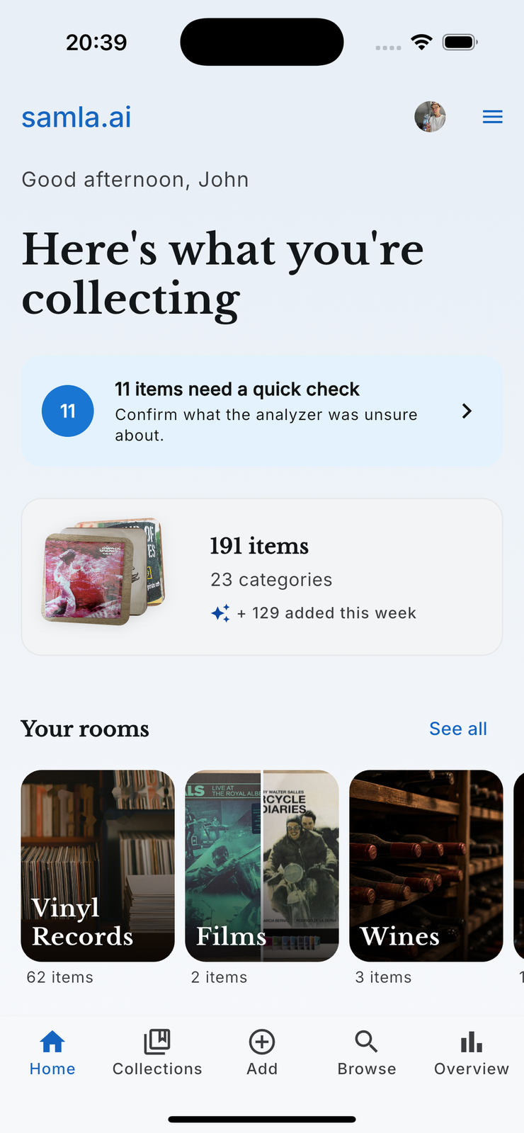 The samla.ai home screen with a banner reading 11 items need a quick check