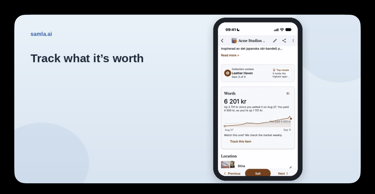 Value tracker on a samla.ai item, with the estimate and price history