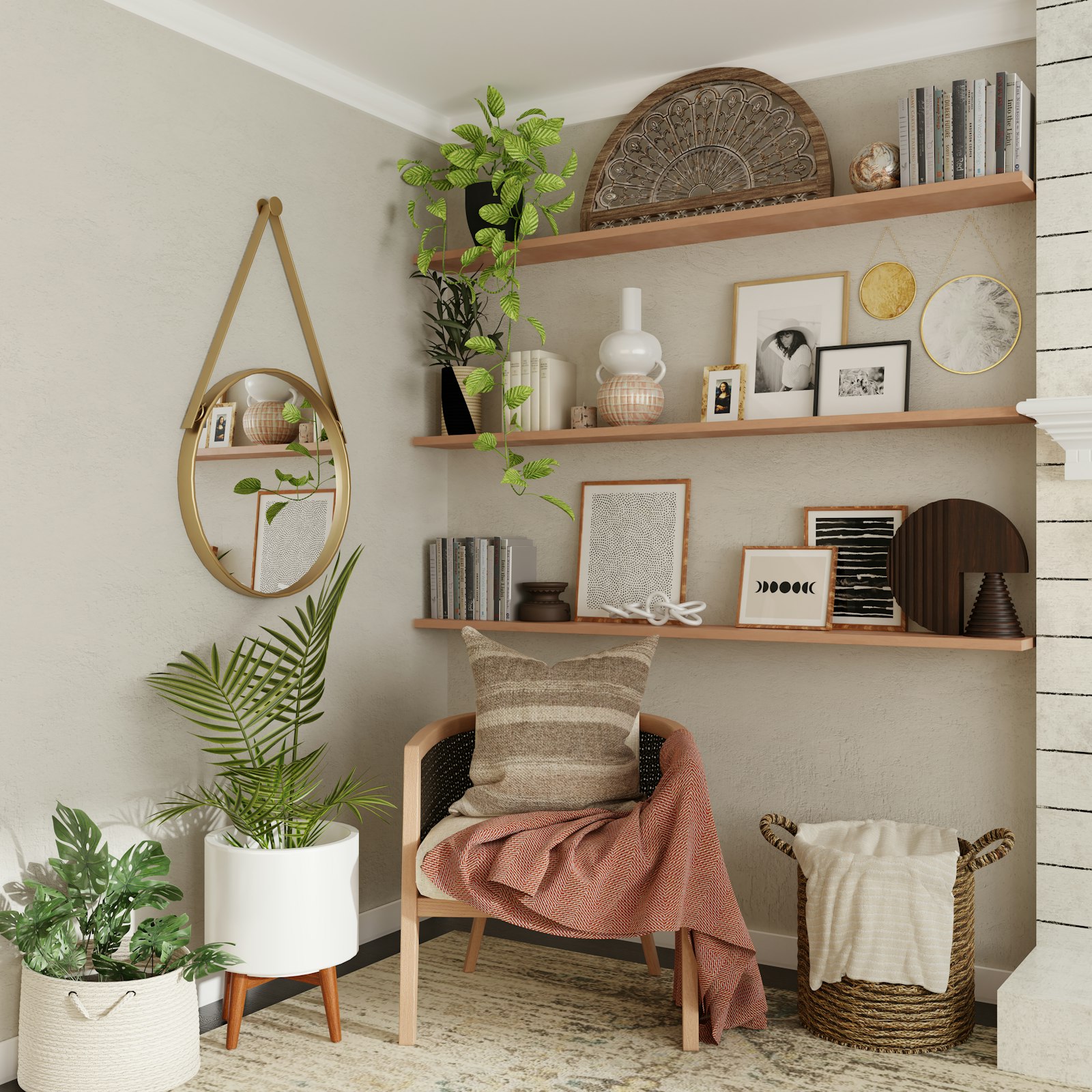 Warm living room shelves styled with books, framed pictures, plants and collected objects