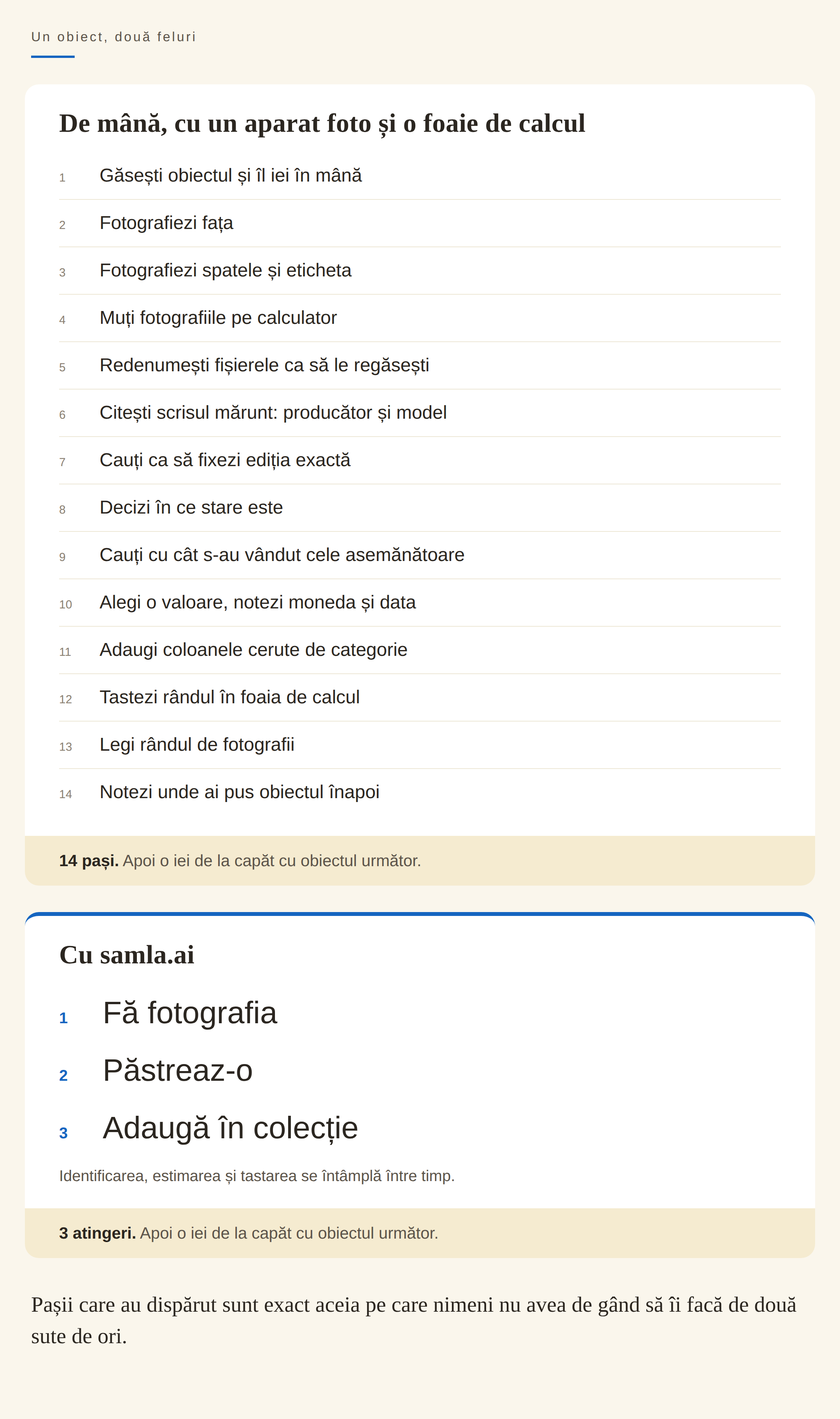 O comparație în două panouri a modului în care se cataloghează un obiect. Metoda manuală are paisprezece pași, de la fotografiere până la documentare, tastare și notarea locației. Metoda cu samla.ai are trei atingeri principale: fă fotografia, păstreaz-o și adaug-o în colecție.