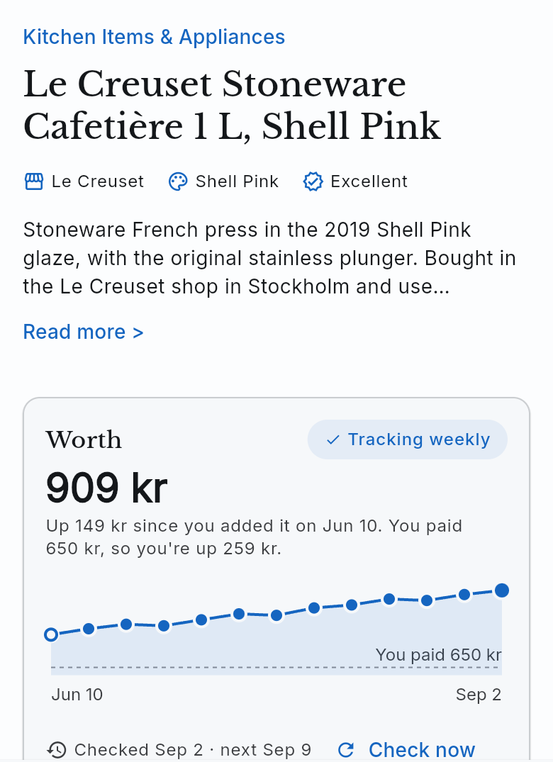 The Worth card on a samla.ai item: the estimate, a Tracking weekly chip, a price history line, what you paid, and Check now