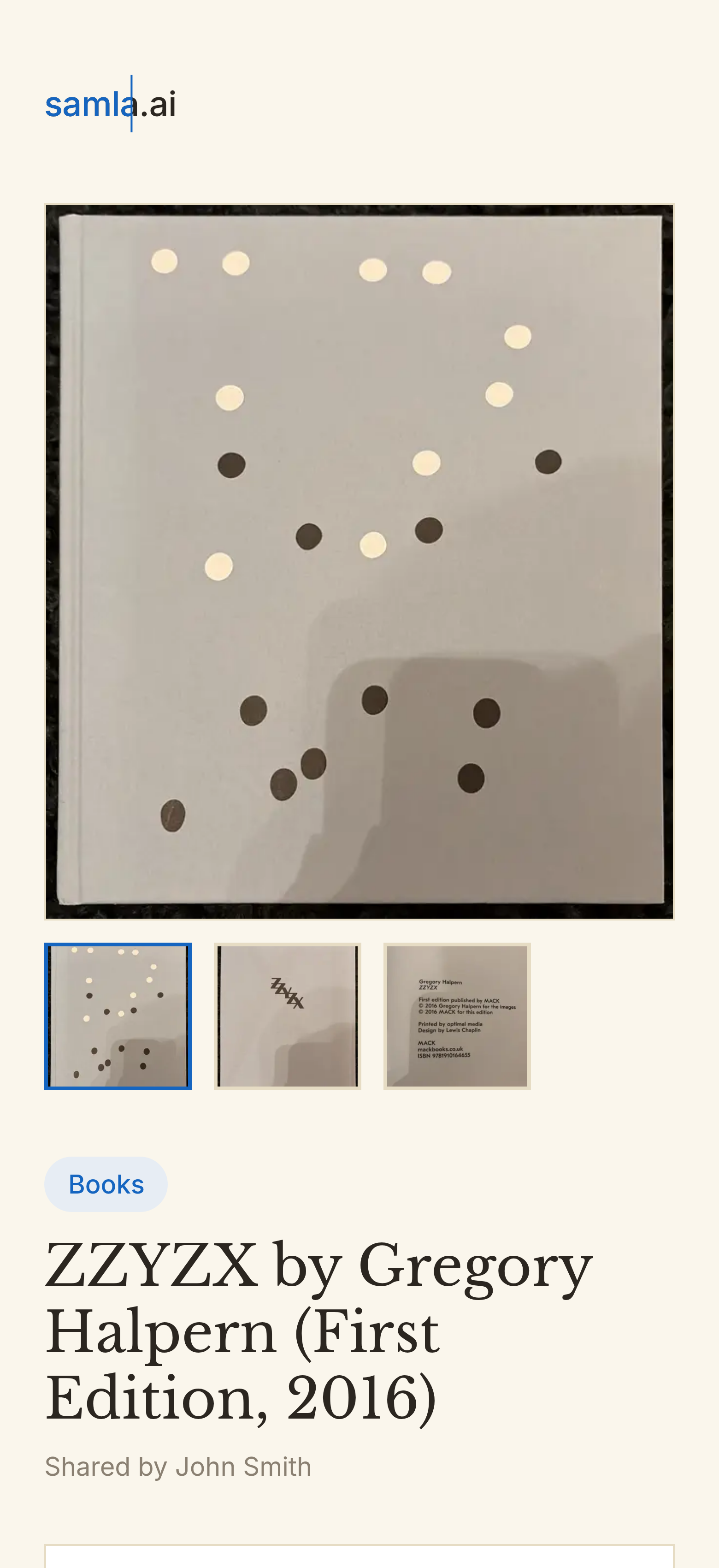 A live samla.ai item page for the photobook ZZYZX, with the wordmark, cover photo, and title