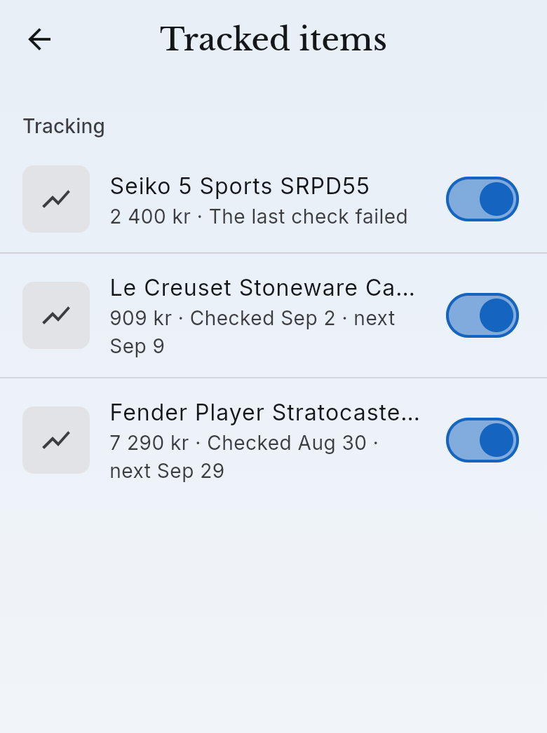 The Tracked items screen in the samla.ai Workbench, with a switch on each row