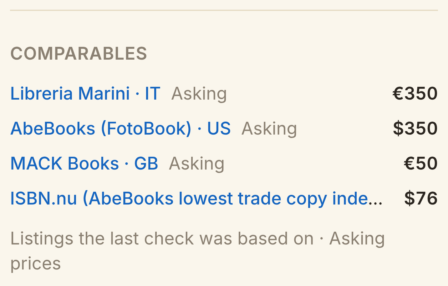 Comparables on a samla.ai item: shop names with asking prices and real listing links in mixed currencies