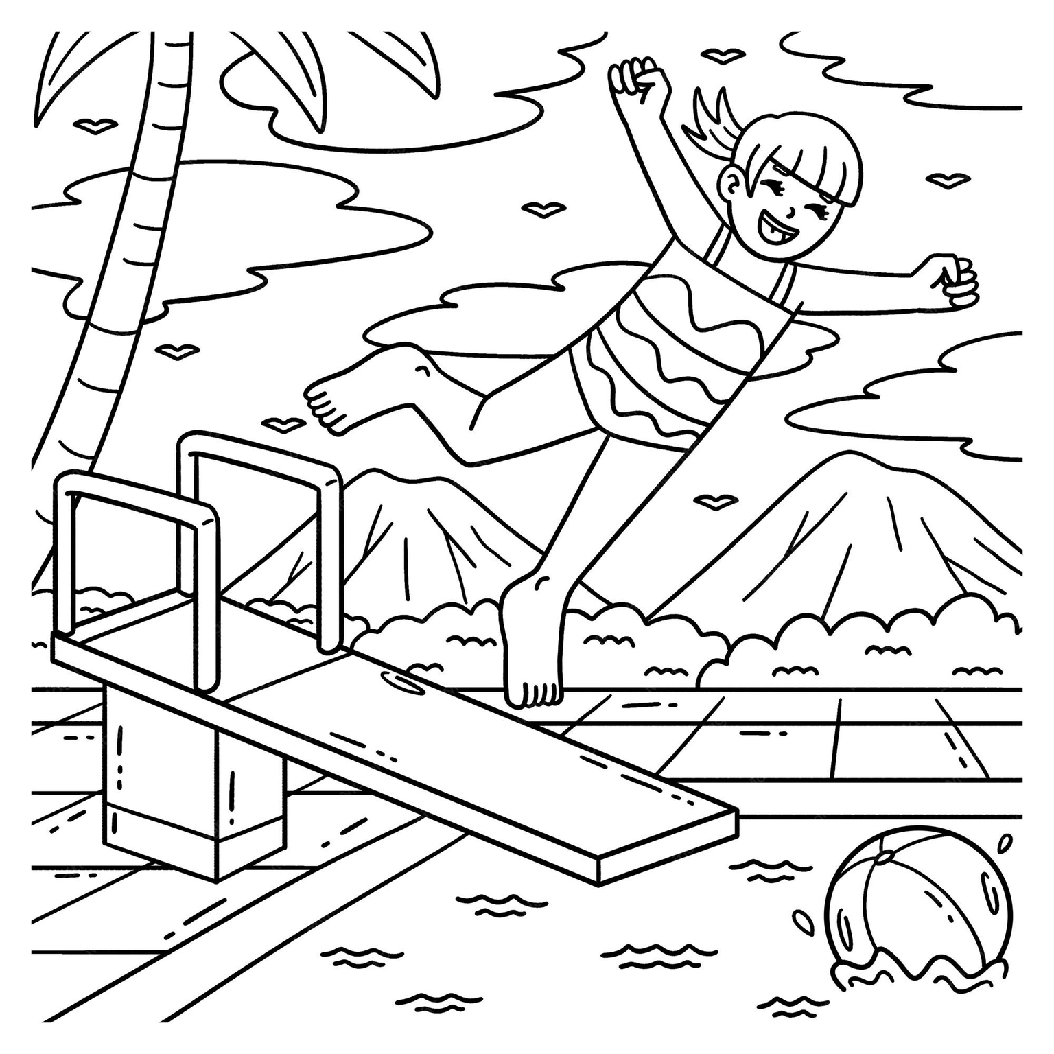 Kid Jumping Off Diving Board coloring page