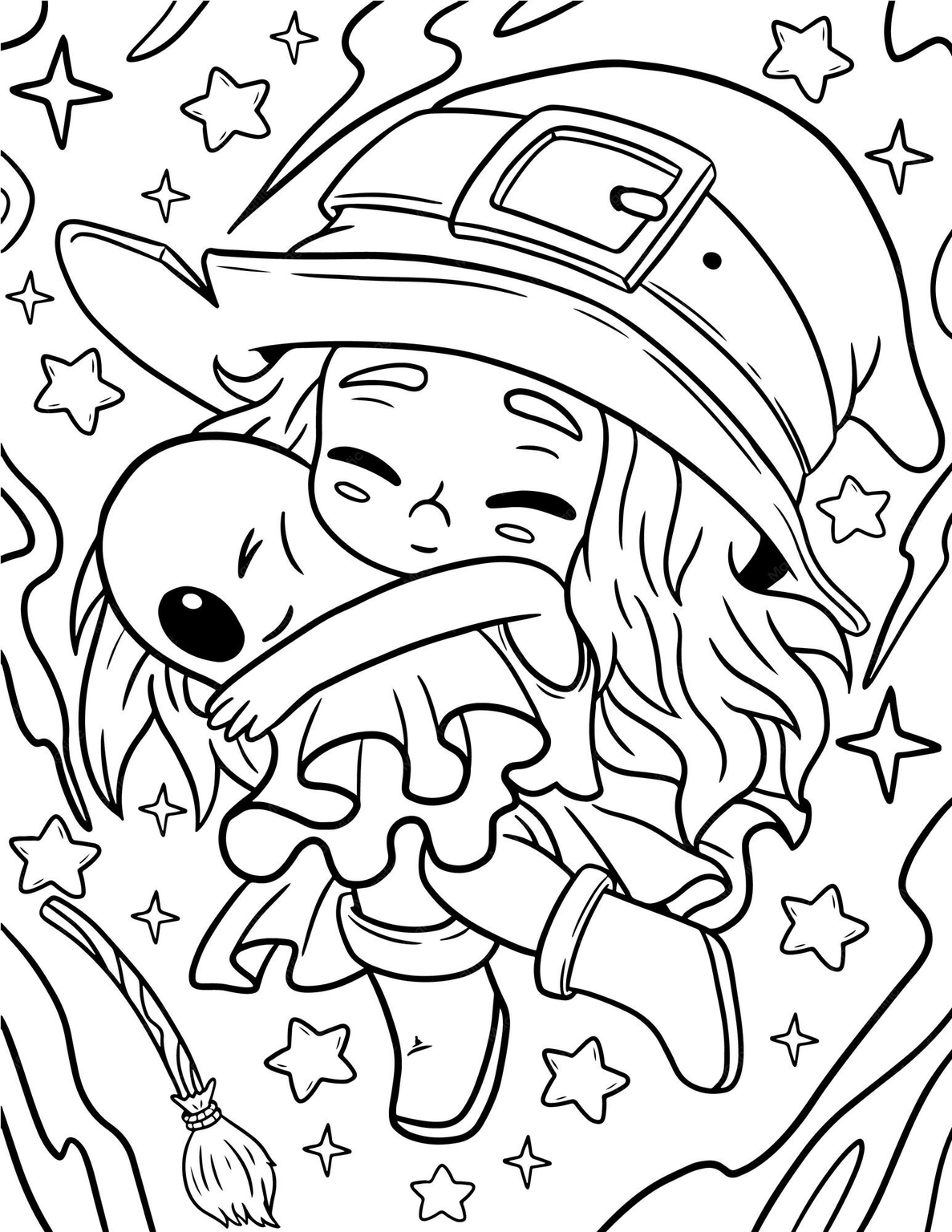 Witch Girl Hugging a Ghost coloring page