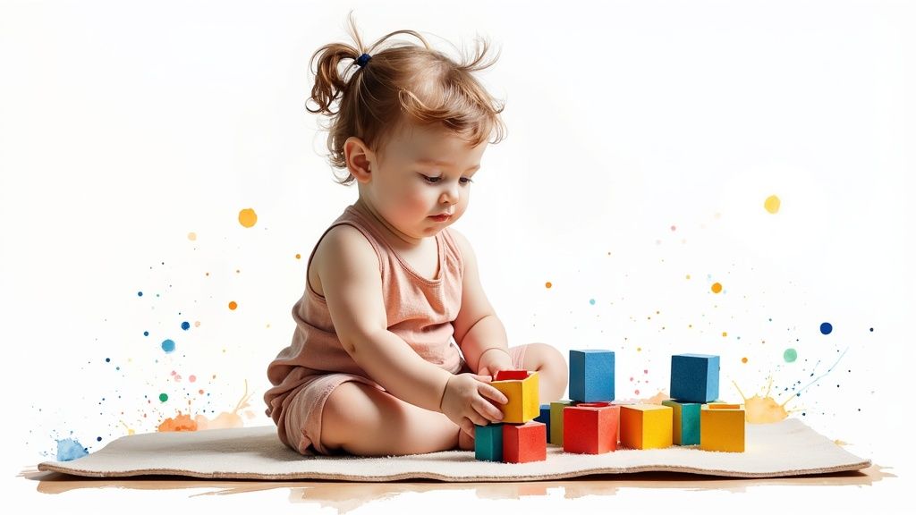 depiction of little girl playing with building blocks