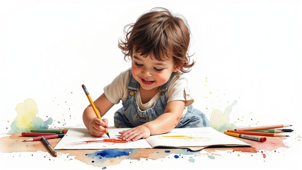 depiction of little boy coloring
