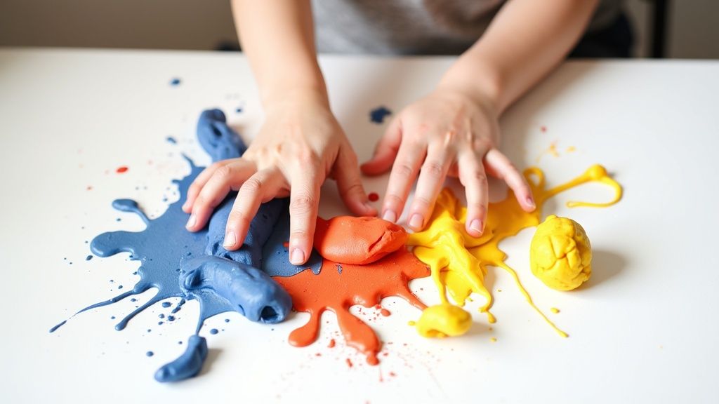 kid hands playing squishing playdough