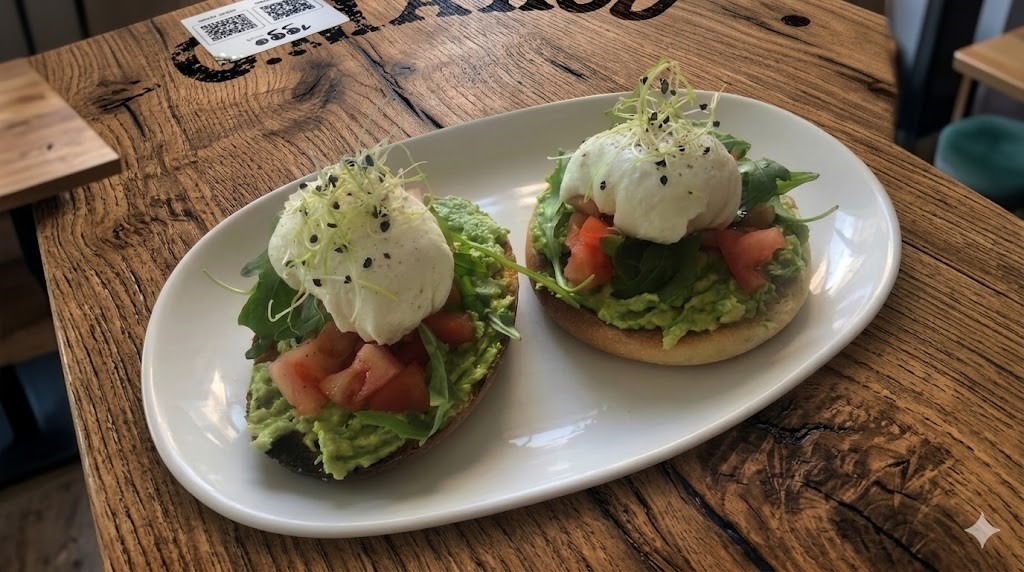 Tostadas con tomate, aguacate y huevos poche