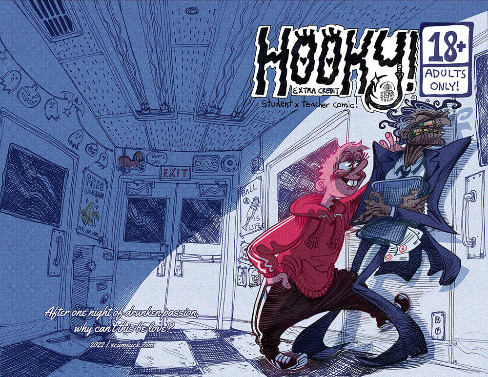 The cover of my comic HOOKY!  Featuring a small pink man kabedon-ing an older blue man against school lockers.