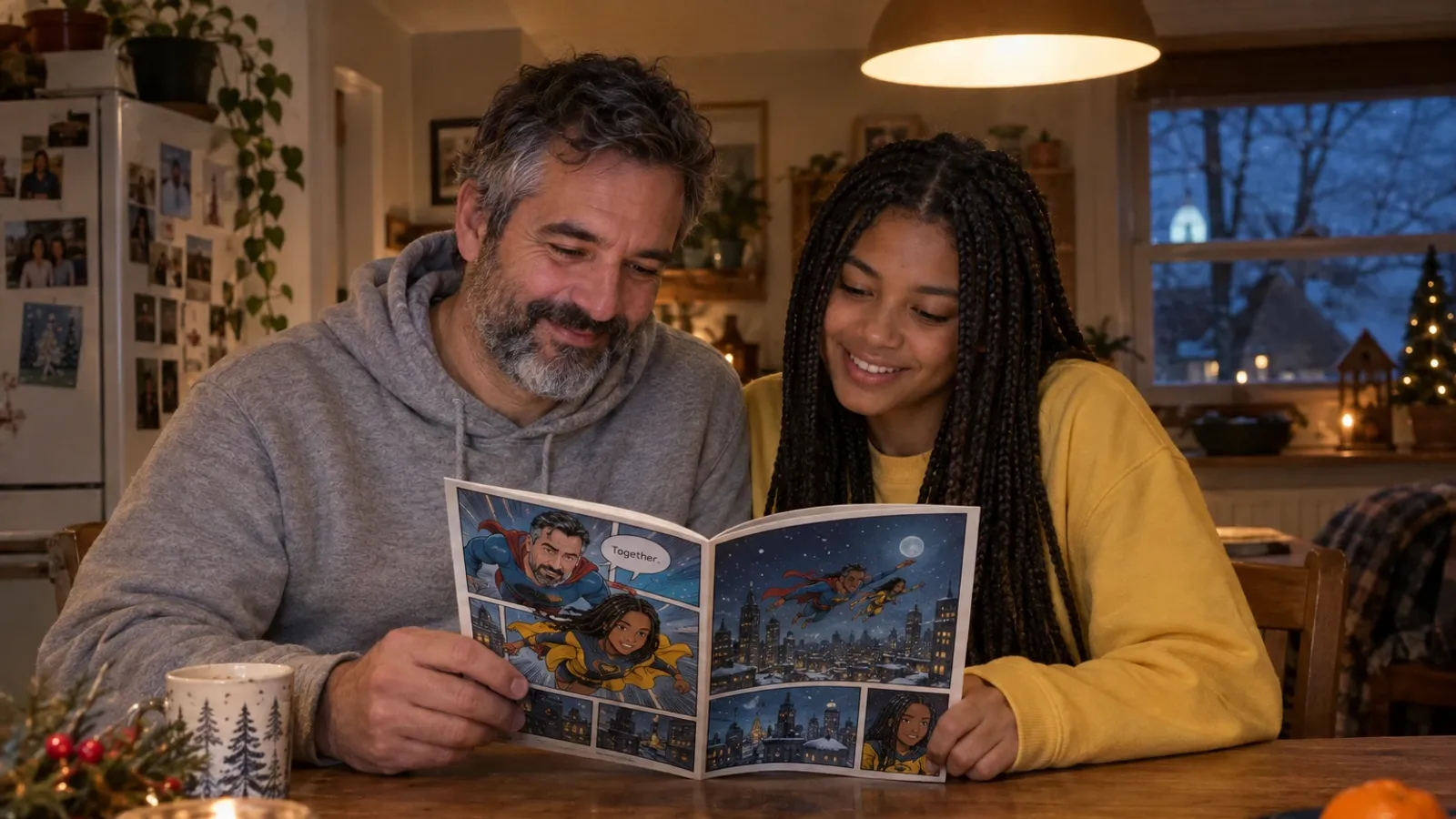 a man in his mid forties with a salt and pepper beard and a grey hoodie, and his daughter of about fifteen with long dark box braids and a yellow sweatshirt, sitting side by side at a wooden kitchen table on a winter evening under a warm pendant lamp, both faces visible and smiling as they look down at a printed comic book titled Kitchen Table Heroes held open between them, its panels showing the two of them drawn as superhero comic characters flying over a snowy city at night