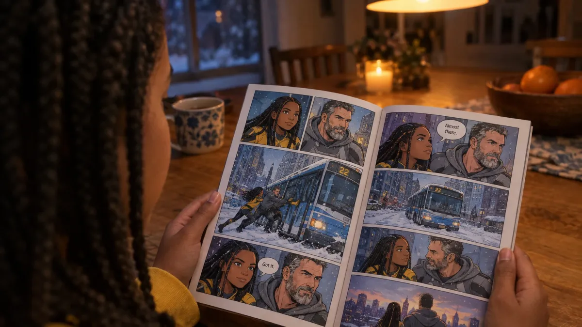 over the shoulder view of a girl of about fifteen with long dark box braids and a yellow sweatshirt, sitting at a wooden kitchen table on a winter evening under a warm pendant lamp, reading the open printed comic book titled Kitchen Table Heroes, the pages filling half the frame and showing her and a man in his mid forties with a salt and pepper beard and a grey hoodie drawn as superhero comic characters across several panels, rescuing a runaway bus in a snowy city, the same two faces recognizable in every panel