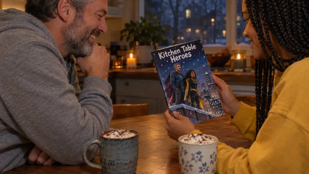 side view of a man in his mid forties with a salt and pepper beard and a grey hoodie, at a wooden kitchen table on a winter evening under a warm pendant lamp, his face visible and laughing as his daughter of about fifteen with long dark box braids and a yellow sweatshirt holds up the closed printed comic book titled Kitchen Table Heroes towards him, its cover showing the two of them drawn as superhero comic characters standing on a rooftop above a snowy city at night, two mugs of hot chocolate on the table