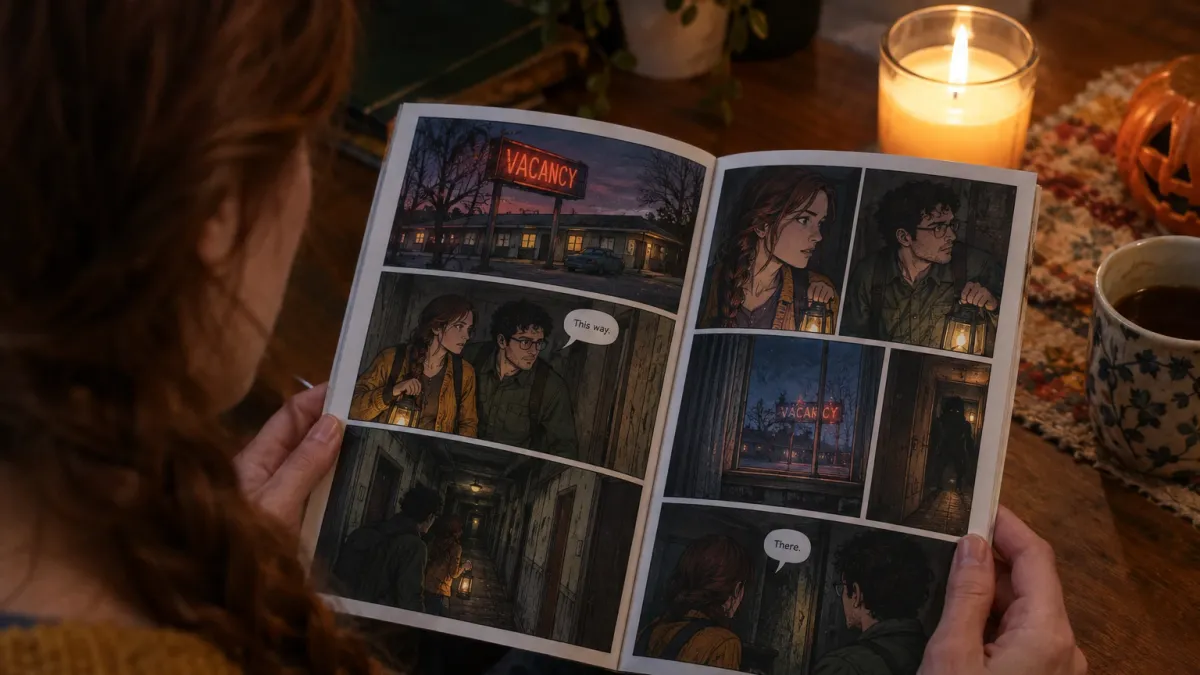 over the shoulder view of the woman in her early thirties with long auburn hair in a loose braid and a mustard knit cardigan reading a printed comic book titled Vacancy at a candlelit kitchen table, the open pages filling half the frame with horror style panels showing her and the man in his early thirties with short curly black hair, round glasses and a green corduroy shirt drawn as monster hunters creeping down the corridor of an old roadside motel with a lantern, a flickering sign outside the window, a small carved pumpkin at the edge of the table