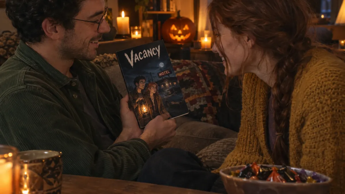 side view of the man in his early thirties with short curly black hair, round glasses and a green corduroy shirt and the woman in her early thirties with long auburn hair in a loose braid and a mustard knit cardigan sitting on a sofa in a dim living room lit by candles and a carved pumpkin, both faces visible and laughing, the man holding the closed printed comic book titled Vacancy, its horror style cover showing the two of them drawn as monster hunters with a lantern in front of an old roadside motel at night, a bowl of sweets on the low table beside them