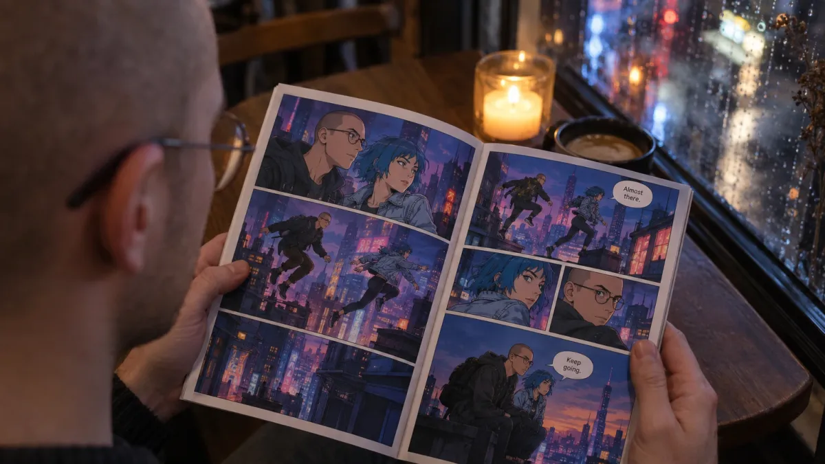 over the shoulder view of a man in his late twenties with a shaved head and round wire glasses, sitting at a small cafe table by a rainy window in the evening, reading the open printed comic book titled Neon Ronin, the pages filling half the frame and showing him and a woman with short dyed blue hair and a faded denim jacket drawn as anime characters in cyberpunk style, leaping between neon lit rooftops across several panels, the same two faces recognizable in every panel