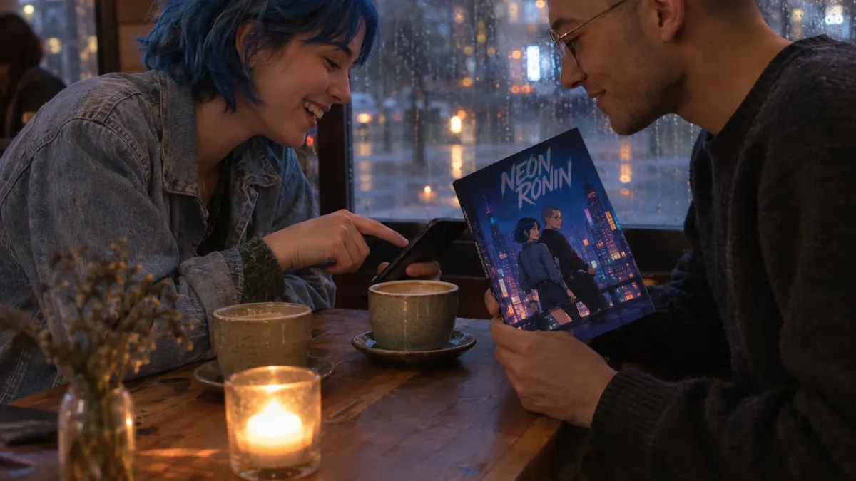 side view of a woman in her late twenties with short dyed blue hair and a faded denim jacket, and a man in his late twenties with a shaved head and round wire glasses, at a small cafe table by a rainy window in the evening, her face visible and laughing as she points at something on a phone, the closed printed comic book titled Neon Ronin lying on the table between their coffee cups, its cover showing the two of them drawn as anime characters standing on a rooftop in a glowing city at night