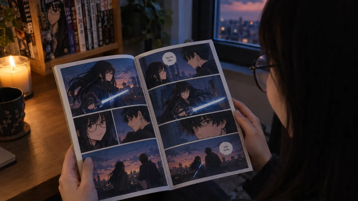 the woman in her early twenties with long straight black hair, a blunt fringe and round glasses sitting at a desk by a window at dusk next to a small manga shelf, her face visible and smiling as she turns the pages of the printed comic book Midnight Blade, the same anime version of her with a glowing sword recurring across the lettered panels beside the man in his early twenties with messy black hair and silver hoop earrings