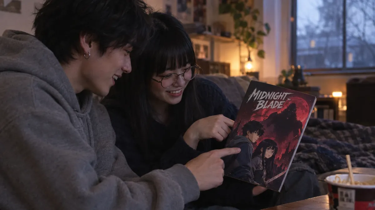 the man in his early twenties with messy black hair, silver hoop earrings and an oversized grey hoodie sitting on a sofa next to the woman in her early twenties with long straight black hair, a blunt fringe and round glasses, both faces visible and grinning as they point at a page of the printed comic book Midnight Blade where the two of them appear as anime characters facing a giant shadow under a red moon, a games controller and a cup of noodles on the low table