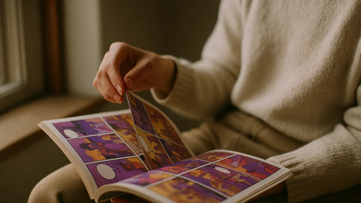 Hands turning the pages of a printed comic book, two spreads visible, shallow depth of field