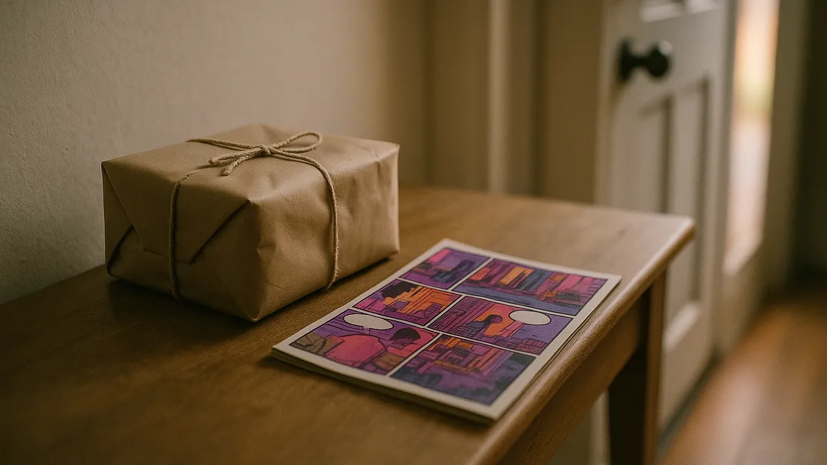 A wrapped parcel and a printed comic book waiting on a hallway table by the front door in late afternoon light