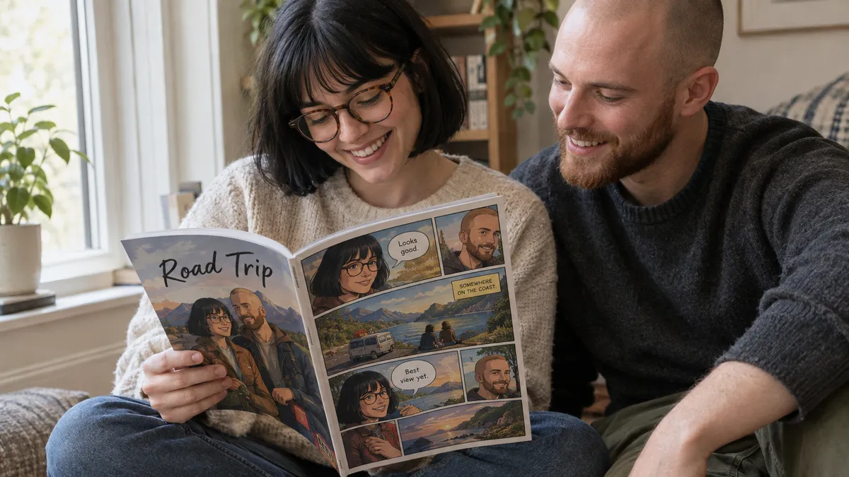 The woman in her late twenties with a black bob haircut and round tortoiseshell glasses sitting cross legged on a rug by a window, turning the pages of the printed comic book Road Trip, her face absorbed and smiling, the same illustrated woman with a black bob and round glasses recurring across the lettered panels of the open spread beside the man in his late twenties with a shaved head and a short red beard