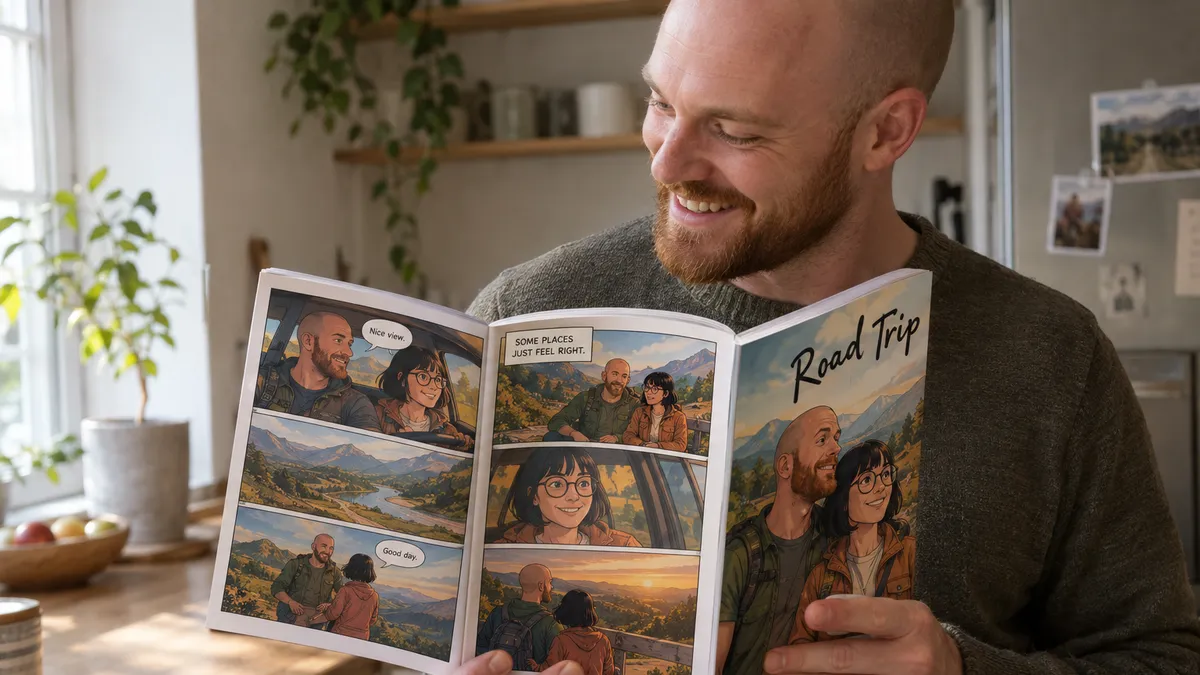 The man in his late twenties with a shaved head and a short red beard standing at a kitchen counter in morning light with a mug in one hand, grinning as he holds up the printed comic book Road Trip open to a spread where the same illustrated bearded man and the woman with a black bob and round tortoiseshell glasses appear in every lettered panel