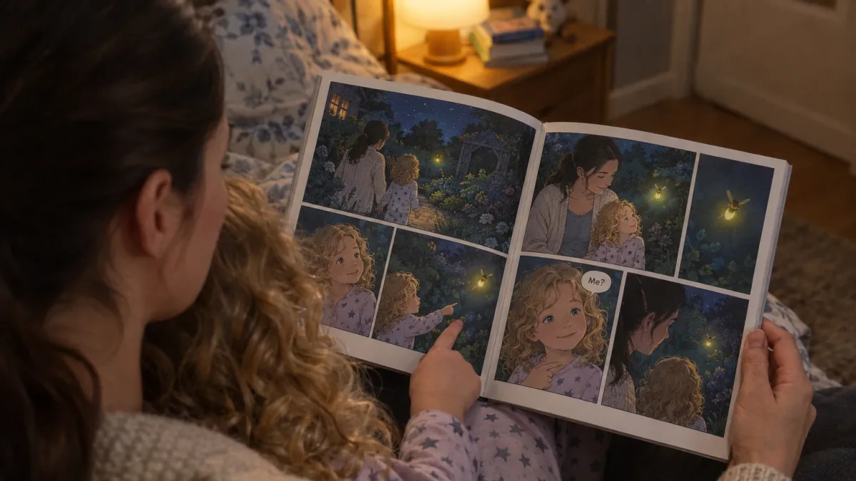 over the shoulder of the five year old girl with curly blond hair in star print pyjamas, sitting on the lap of the woman in her thirties with a dark brown ponytail and a cream knitted cardigan in warm bedside lamp light, the printed comic book Moon Garden open on the girl's knees, the soft painted panels showing the same curly haired girl and her mother following a glowing firefly through a garden at night, the girl pointing at herself in a panel