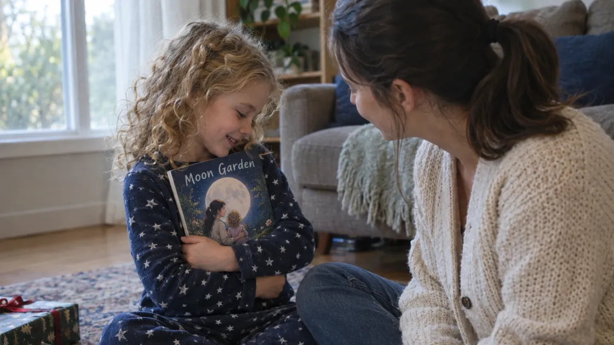 side view of the five year old girl with curly blond hair in star print pyjamas sitting cross legged on a living room rug next to the woman in her thirties with a dark brown ponytail and a cream knitted cardigan, morning light from a window, the girl's face visible and delighted as she hugs the closed printed comic book Moon Garden to her chest, its soft painted cover showing the girl and her mother under a huge full moon, a wrapped present and torn paper on the rug