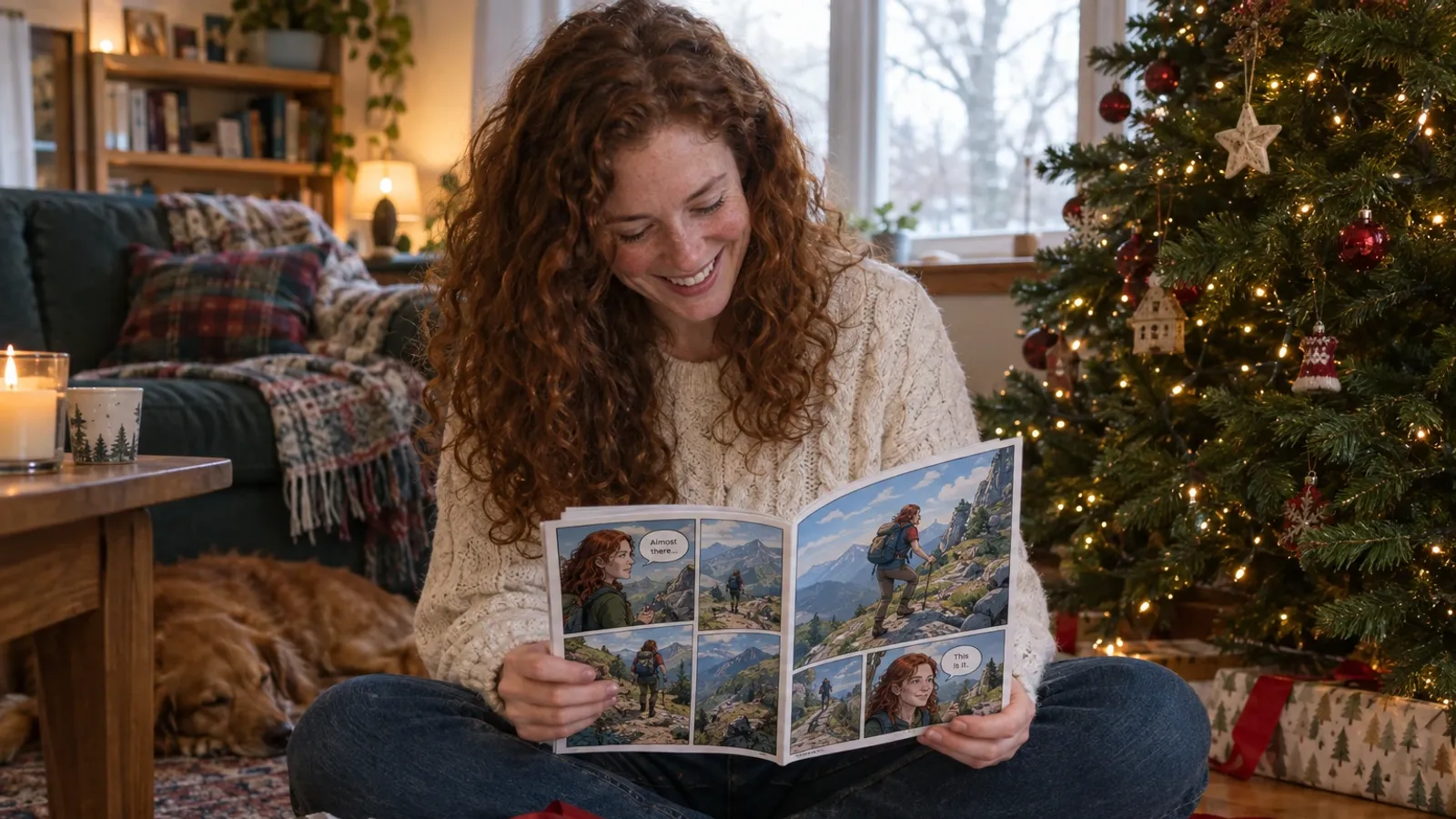 a woman in her early thirties with long curly auburn hair and freckles, wearing a cream cable knit jumper, sitting on a living room floor beside a decorated Christmas tree in soft morning light, her face visible and laughing as she unwraps a personalized comic book titled Her Big Year, the open lettered page showing her drawn as a comic character climbing a mountain trail, torn wrapping paper and a red ribbon around her