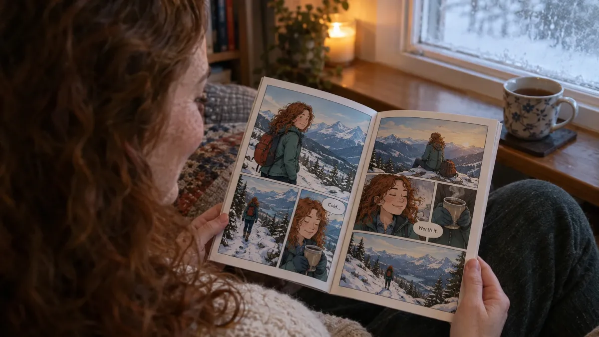 a woman in her early thirties with long curly auburn hair and freckles, wearing a cream cable knit jumper, curled up in an armchair by a frosted window in soft winter afternoon light, her face visible and smiling as she reads a printed personalized comic book titled Her Big Year, the lettered multi panel page showing her drawn as a comic character on a snowy mountain trail with a small backpack, a mug of tea on the windowsill