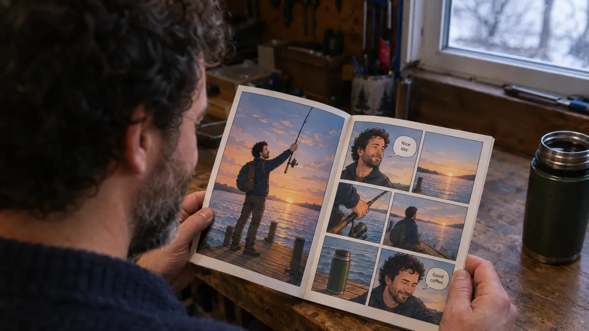 a man in his late thirties with dark curly hair, a short greying beard and a navy wool jumper sitting at a wooden workbench in a garage lit by a winter window, his face visible and grinning as he reads a printed personalized comic book titled Big Fish, the lettered multi panel page showing him drawn as a comic character standing on a jetty at dawn holding up a fishing rod, a flask of coffee beside the book