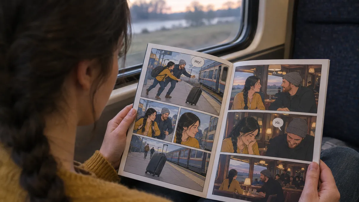 over the shoulder view of the woman in her late twenties with a long dark braid and a mustard yellow cardigan, sitting on the window seat of a train in soft afternoon light and turning the pages of the slim printed comic book Night Train, the open spread filling half the frame with cartoon style panels of the same braided woman and the man in his early thirties with a short red beard and a grey beanie running along a platform after a runaway suitcase and laughing in a dining car