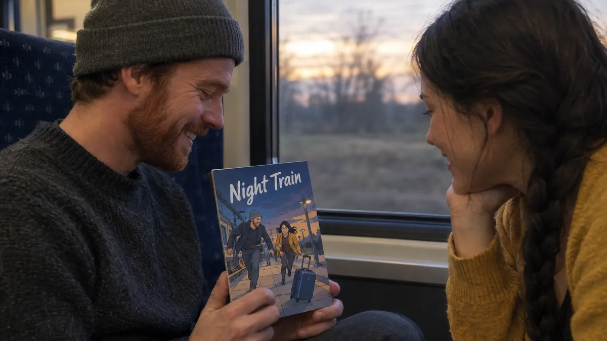 side view of the man in his early thirties with a short red beard and a grey beanie sitting on the window seat of a train in soft afternoon light, laughing quietly as he holds the closed printed comic book Night Train on his knees, its cartoon style front cover showing him and the woman in her late twenties with a long dark braid and a mustard yellow cardigan running after a runaway suitcase along a station platform