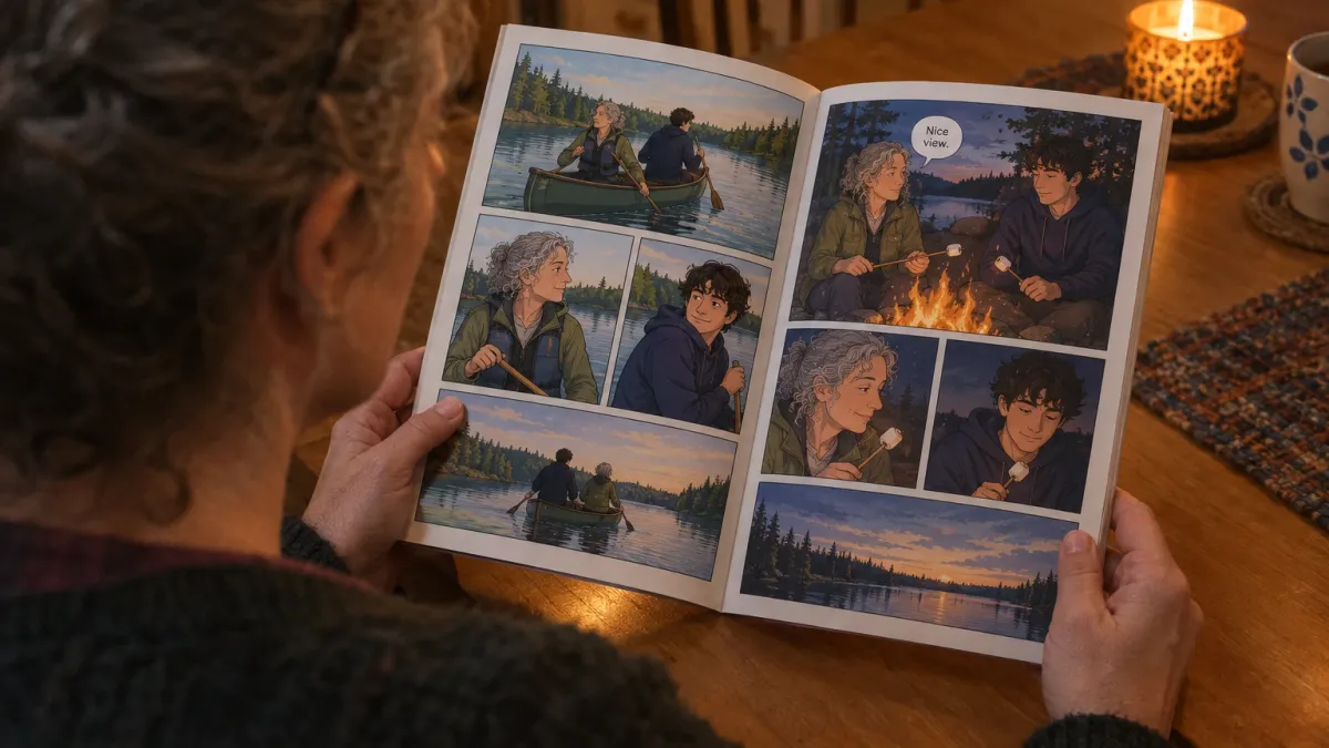 over the shoulder view of the woman in her fifties with curly grey hair tied back and reading glasses pushed up on her head, turning the pages of the printed comic book Lake Weekend at a wooden kitchen table in warm evening lamp light, the open spread filling half the frame with cartoon style panels of the same curly grey haired woman and her son in his early twenties with dark wavy hair and a navy hoodie paddling a canoe and toasting marshmallows by a campfire
