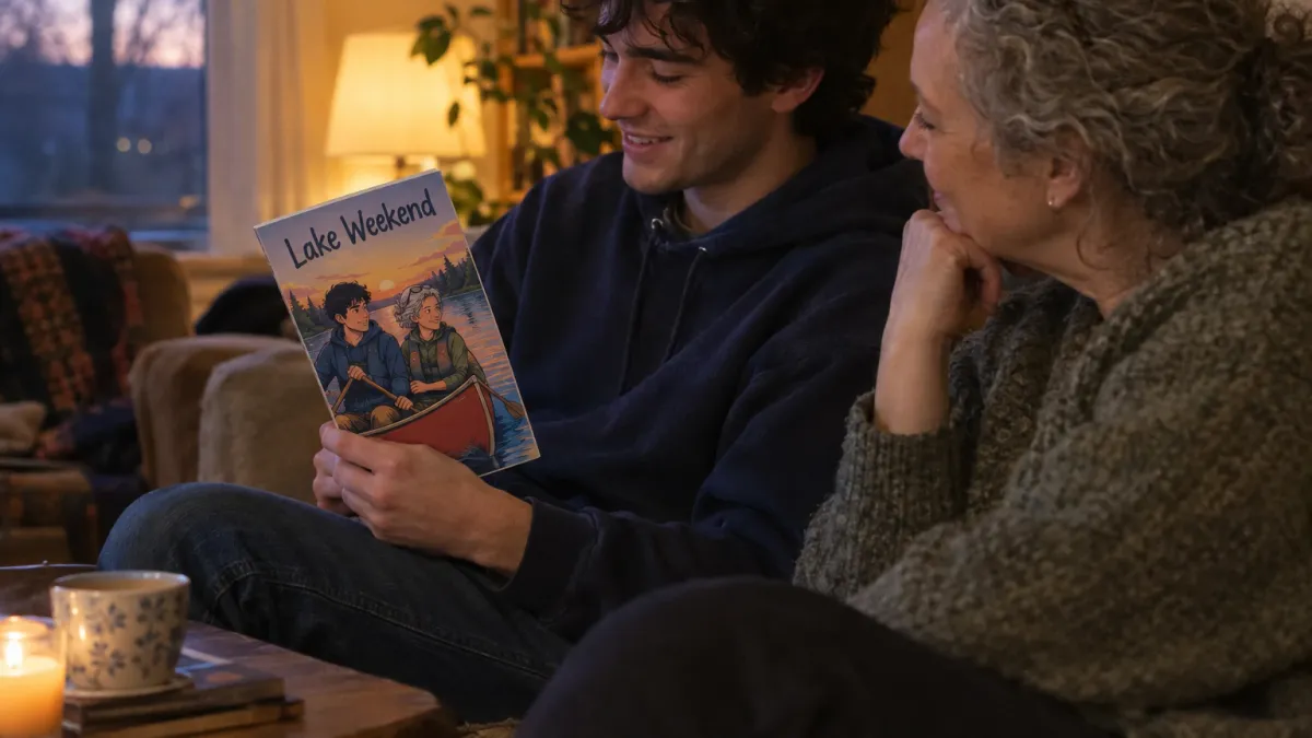side view of the son in his early twenties with dark wavy hair and a navy hoodie sitting on a sofa in soft evening lamp light, laughing quietly as he holds the closed printed comic book Lake Weekend on his knees, its cartoon style front cover showing him and the woman in her fifties with curly grey hair tied back and reading glasses pushed up on her head paddling a canoe across a lake at sunset