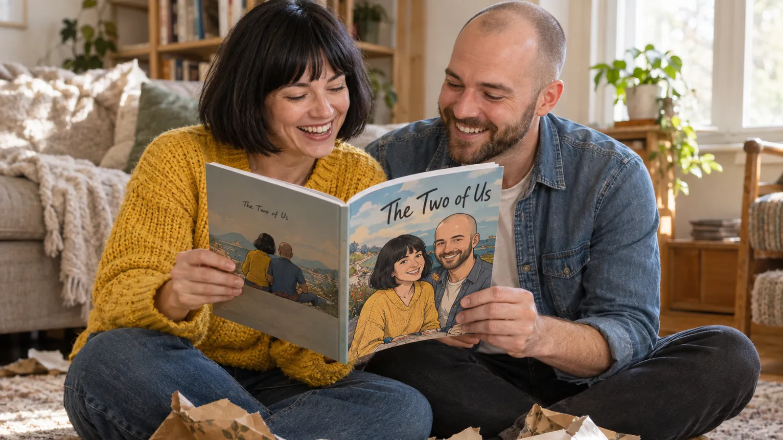 a couple in their mid-thirties — a woman with a short black bob and a yellow knitted jumper and a man with a shaved head, a short brown beard and a denim shirt — sitting cross-legged on a rug in a sunlit living room, both faces visible and laughing, unwrapping a personalized comic book titled "The Two of Us" with the two of them drawn on the cover, torn wrapping paper and a ribbon around them