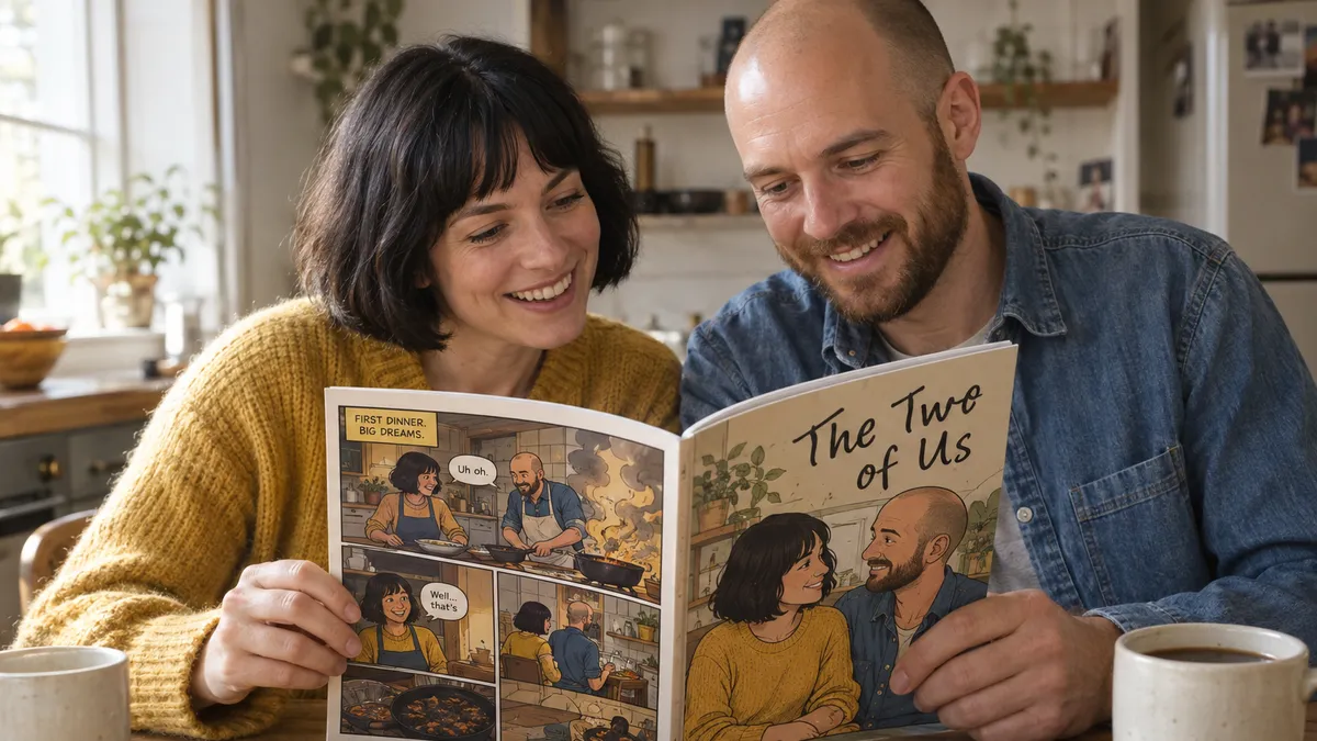 a couple in their mid-thirties — a woman with a short black bob and a yellow knitted jumper and a man with a shaved head, a short brown beard and a denim shirt — sitting side by side at a wooden kitchen table in morning light, both faces visible and smiling, reading a printed comic book titled 'The Two of Us' open between them, the page showing the two of them drawn as comic characters cooking a disastrous first dinner together, two coffee cups on the table