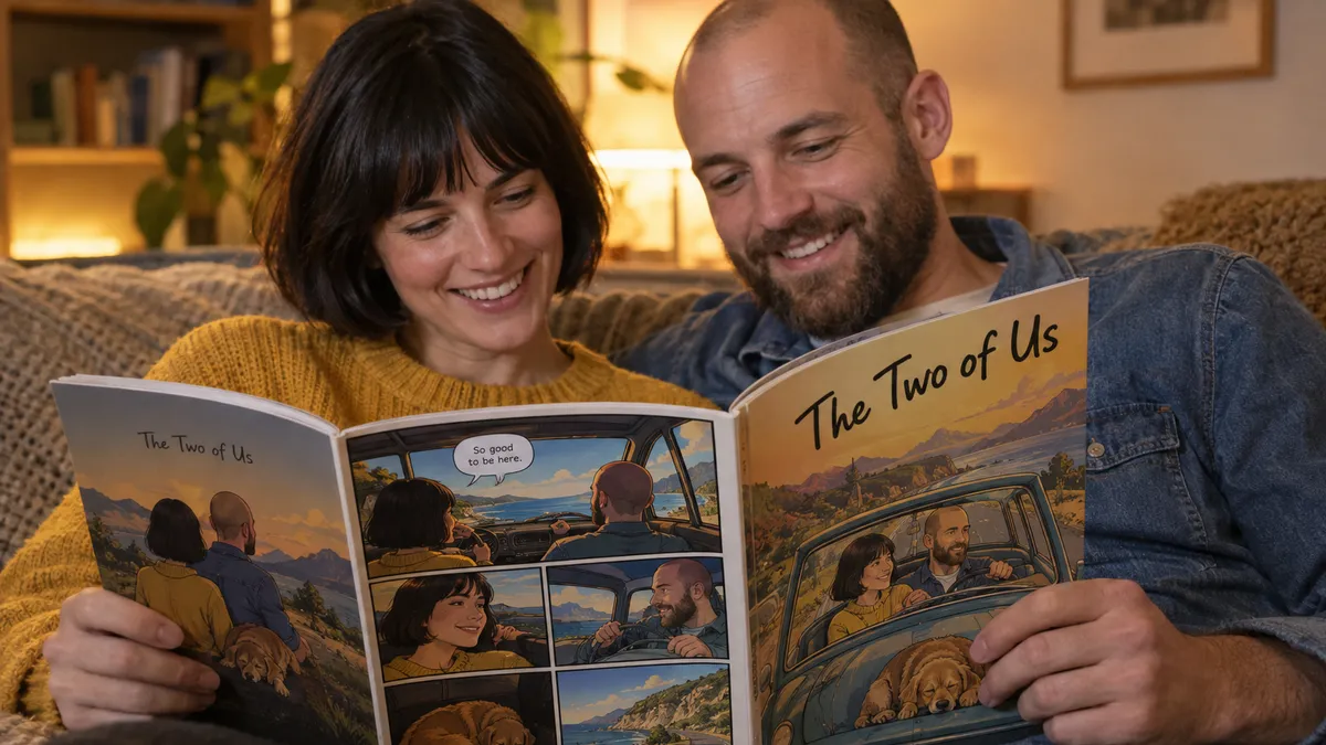 the same couple in their mid-thirties — a woman with a short black bob and a yellow knitted jumper and a man with a shaved head, a short brown beard and a denim shirt — sitting close together on a sofa in warm evening lamp light, both faces visible and smiling, the printed comic book titled 'The Two of Us' open across their laps at a page showing the two of them drawn as comic characters on a road trip in a small old car, a sleeping dog curled at their feet