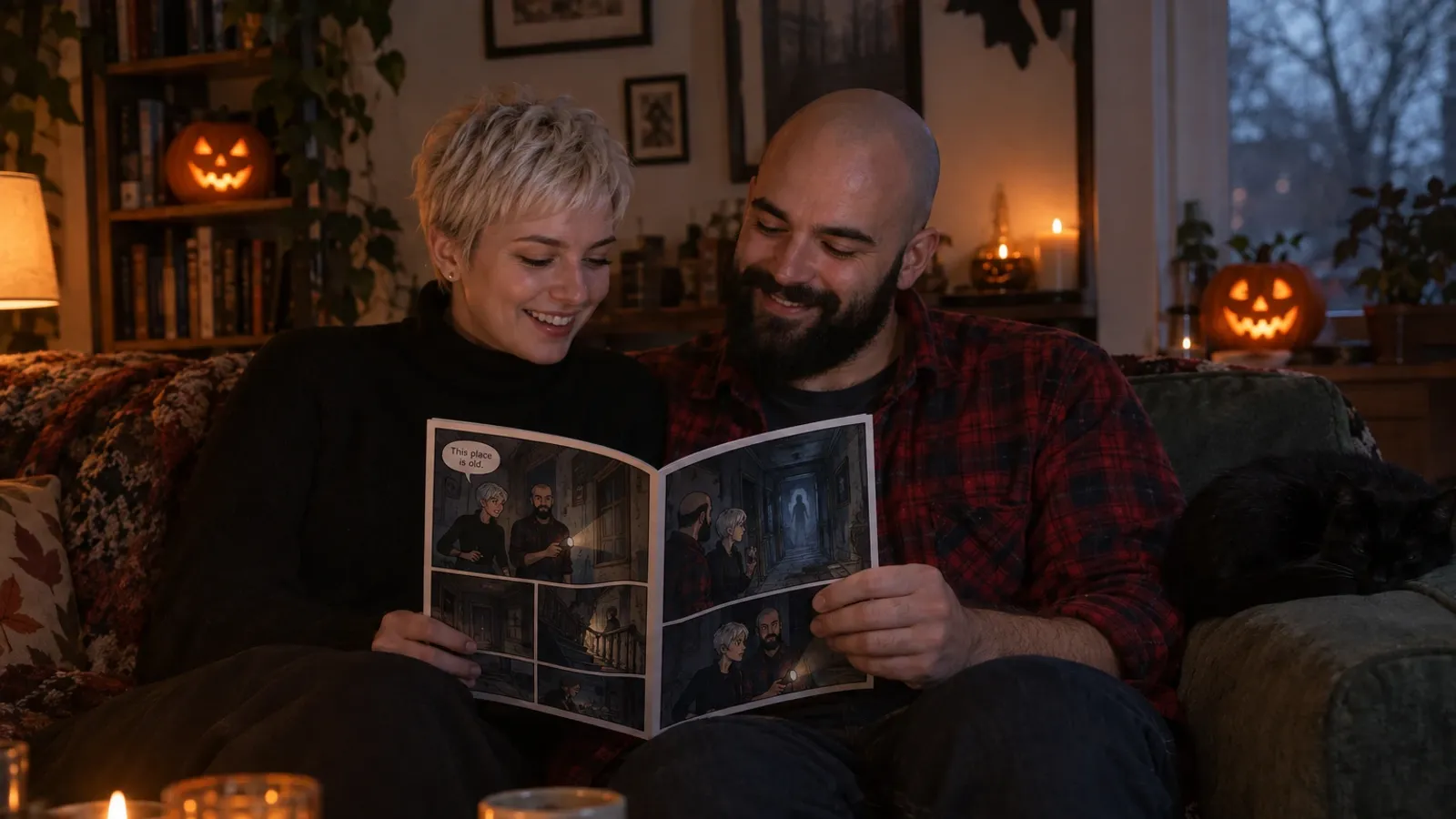 a woman in her late twenties with a short platinum pixie cut and a black turtleneck and a man in his late twenties with a shaved head, a thick black beard and a red flannel shirt sitting on a sofa in a dim living room lit by candles and two carved pumpkins, both faces visible and laughing as they hold open a printed comic book titled Hollow Lane, its lettered panels showing the two of them drawn as ghost hunters with a torch in a creaking haunted house, a black cat curled on the armrest