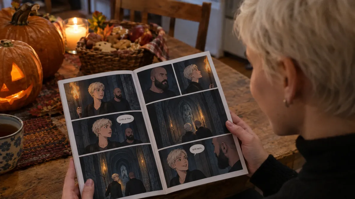 the woman in her late twenties with a short platinum pixie cut and a black turtleneck kneeling at a wooden kitchen table beside carved pumpkins and a basket of autumn treats, her face visible and grinning as she reads the printed comic book Hollow Lane, the same illustrated woman with a platinum pixie cut holding a torch in a haunted corridor recurring across the lettered panels next to the man with a shaved head and a thick black beard