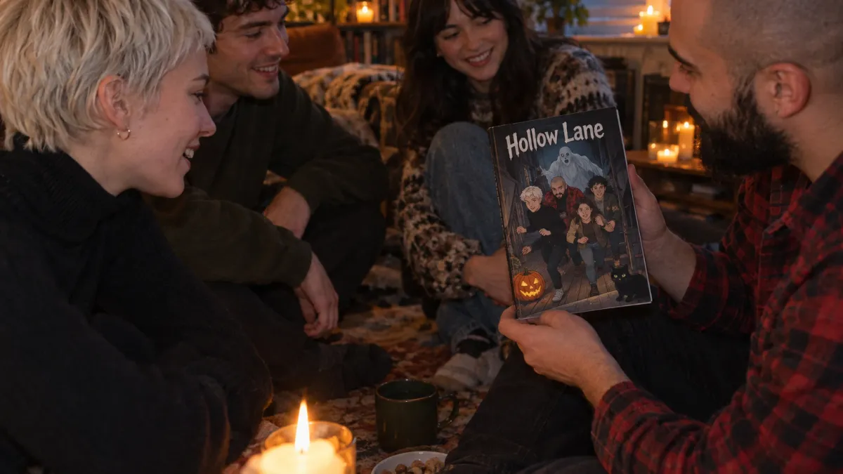 the woman in her late twenties with a short platinum pixie cut and a black turtleneck and the man in his late twenties with a shaved head, a thick black beard and a red flannel shirt sitting on the floor of a candlelit living room with two friends, all faces visible and laughing as the man holds up the printed comic book Hollow Lane open at a page showing the whole group drawn as comic characters fleeing a ghost on a staircase, a carved pumpkin and a black cat beside them