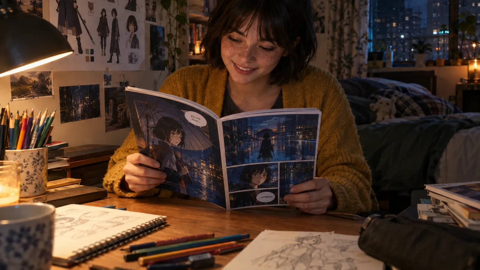 a woman in her early twenties with a short dark bob, freckles and a mustard yellow cardigan sitting at a cluttered desk in a small bedroom at night, lit by a desk lamp, sketchbooks and coloured pencils around her and a printed character design board pinned to the wall above, her face visible and smiling as she reads a printed comic book titled Drowned Moon, its panels showing her drawn in anime style as a swordswoman with a paper umbrella in a flooded city at night