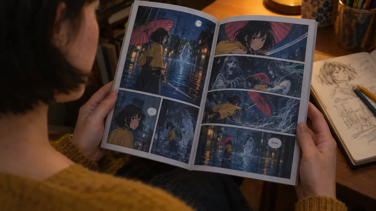 the woman in her early twenties with a short dark bob, freckles and a mustard yellow cardigan sitting at her desk by lamp light with coloured pencils and an open sketchbook beside her, reading the printed comic book Drowned Moon, the same anime version of her as a swordswoman with a paper umbrella recurring across the panels as she fights a ghost on a flooded street at night